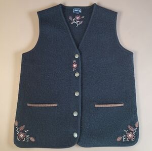 Vintage MAT 100% Black Wool Women's Vest embroidered flowers Cardigan